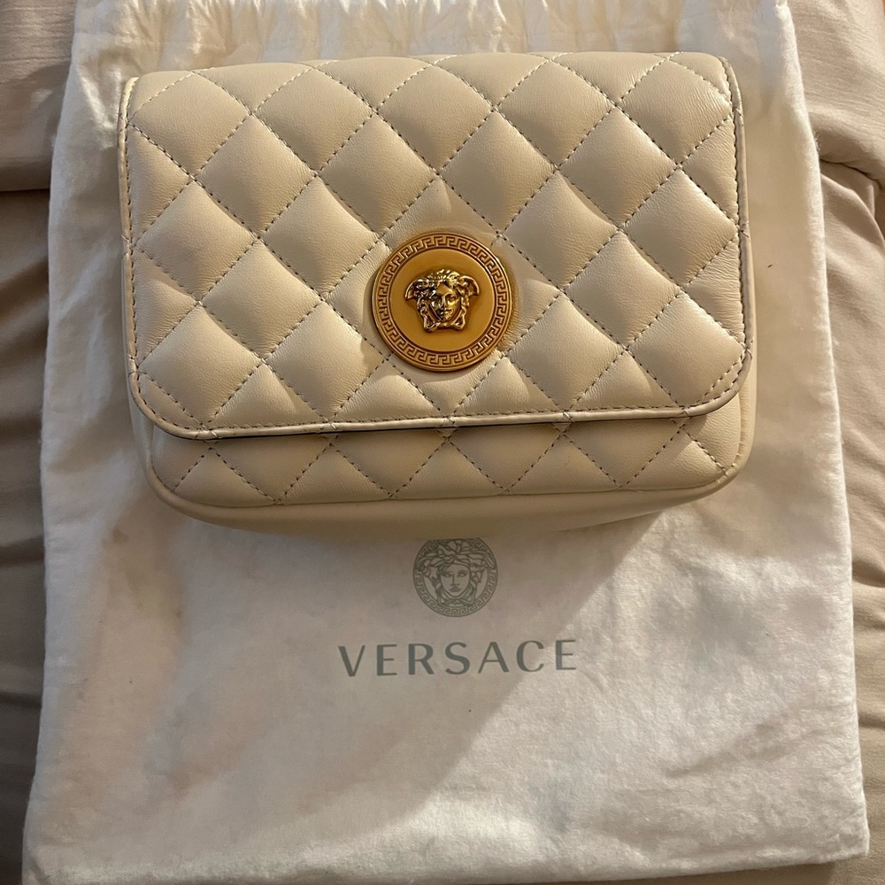Versace Beige Quilted Clutch with Gold Medallion